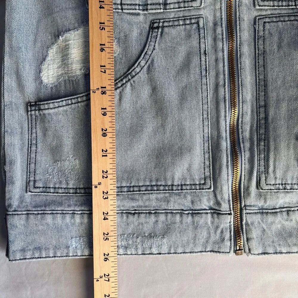 NWT Homme + Femme Light Wash distressed denim Work jacket Sz S Full zip